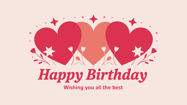 Celebrate joyously with this vibrant 'Happy Birthday' greeting featuring heartfelt hearts, festive stars, and delicate floral accents for a truly special occasion.