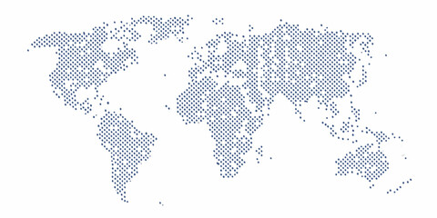 World map composed of small blue dots on a white background representing global connections and networks © Juel
