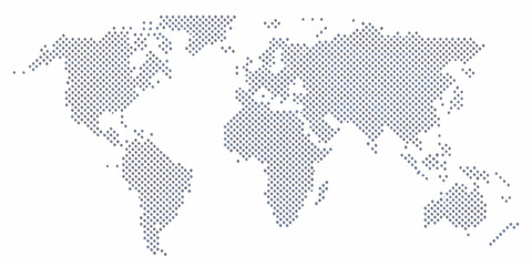 Abstract world map composed of small dots in a pixelated digital style on a white background