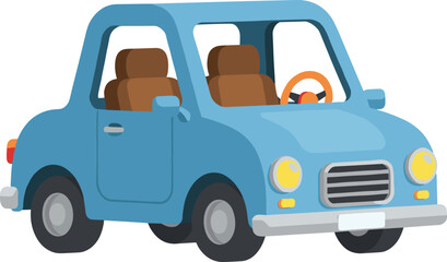 Blue cartoon vintage car illustration, cute compact vehicle with brown seats, classic retro style transportation clipart for kids learning design