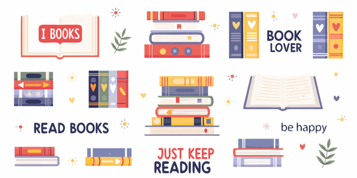 Collection of colorful books and reading related phrases for book lovers and readers