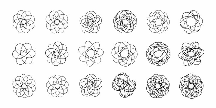 Collection of abstract geometric floral and orbital patterns in black line art on white background