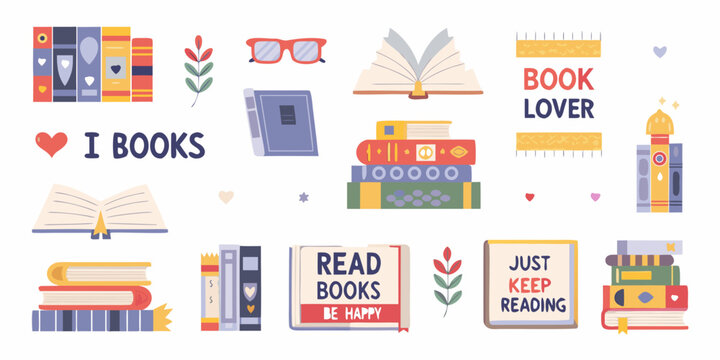 Collection of illustrated books reading glasses and inspirational quotes about reading and books