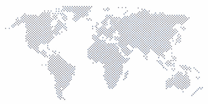 Abstract world map composed of small dots in a pixelated digital style on a white background
