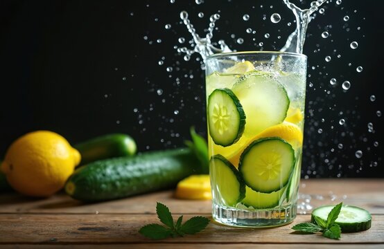 Glass of refreshing cucumber, lemon drink on dark background. Water splashes around glass. Cucumbers, lemons in, around glass. Mint leaves on wooden table. Fresh ingredients for healthy beverage.
