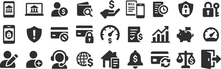 bank, laptop, user, dollar, search, hand, bill, phone, clock, shield, lock, key, security, warning, credit card, speed dial, graph, chart, piggy bank, speed, add user, headset, globe, house, bell, sca