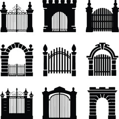 Gate Icon Set – Modern Entrance and Fence Silhouette Collection Iron and Wooden Gate Icons – Security, Fence, and Entry Design Set