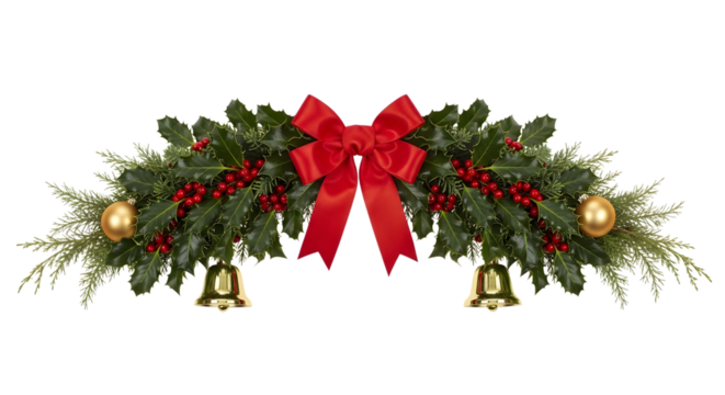 Festive christmas garland with red bow, golden baubles, and bells