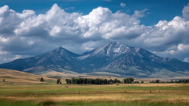 Majestic Bridger Mountains Landscape: A Tranquil Sky Overrolling Hills and Lush Valleys Near Bozeman, Montana