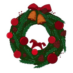 Detailed Christmas wreath with symbol of New Year red fire horse. Christmas element.