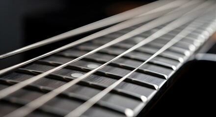 Fototapeta premium Close-up of a Bass Guitar Fretboard with Strings for Music Enthusiasts & Musicians