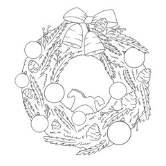 Merry Christmas and Happy New Year round monochrome wreath with horse, toys, bow, bells, pine branches and cones. Line art illustration.