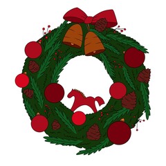 Christmas tree wreath on transparent background. Christmas element. Fir branch circle with Xmas decor.