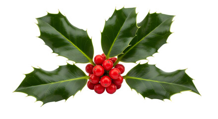 A sprig of holly with vibrant red berries and dark green spiky leaves