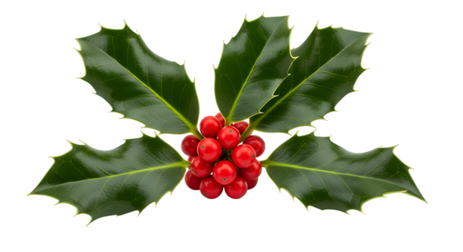 A sprig of holly with vibrant red berries and dark green spiky leaves