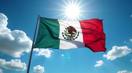 Mexican flag set against bright sky with fluffy clouds national colors emblem a symbol of identity