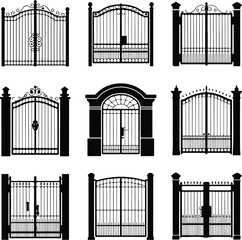Gate Icon Set – Modern Entrance and Fence Silhouette Collection Iron and Wooden Gate Icons – Security, Fence, and Entry Design Set