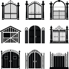 Gate Icon Set – Modern Entrance and Fence Silhouette Collection Iron and Wooden Gate Icons – Security, Fence, and Entry Design Set