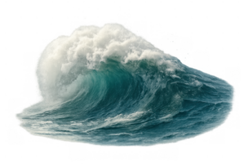 Powerful ocean wave curling, breaking with white foam, reflecting natural force and energy on transparent background