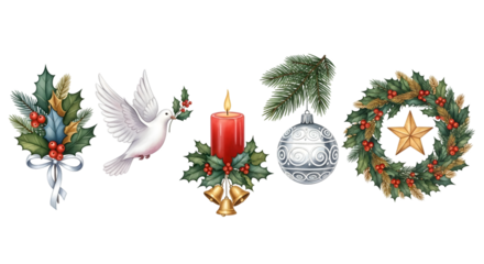 Collection of watercolor christmas elements including a dove, holly, candle, ornament, and wreath