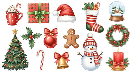 Collection of christmas elements including a decorated tree, snowman, santa hat, stocking, gift, gingerbread man, candle, snow globe, wreath, candy cane, bauble, and holly