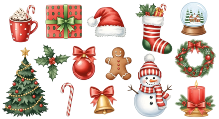 Collection of christmas elements including a decorated tree, snowman, santa hat, stocking, gift, gingerbread man, candle, snow globe, wreath, candy cane, bauble, and holly