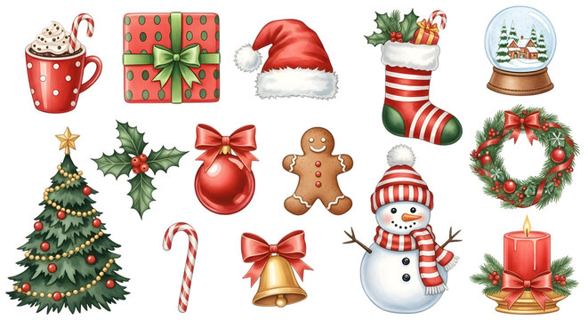 Collection of christmas elements including a decorated tree, snowman, santa hat, stocking, gift, gingerbread man, candle, snow globe, wreath, candy cane, bauble, and holly