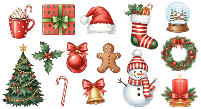 Collection of christmas elements including a decorated tree, snowman, santa hat, stocking, gift, gingerbread man, candle, snow globe, wreath, candy cane, bauble, and holly
