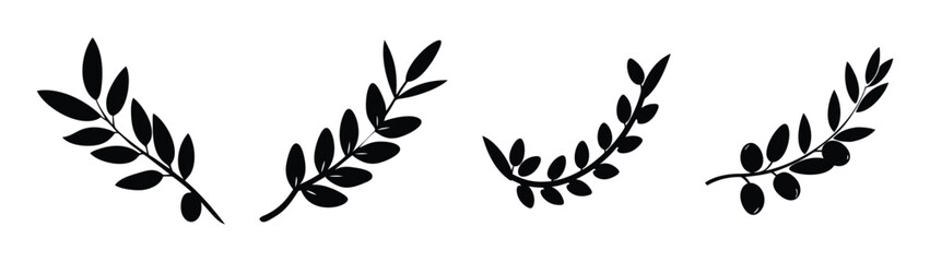 Olive branch vector illustration set, black and white botanical drawing for decoration design