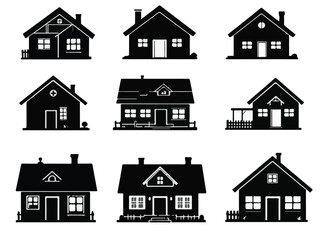 Black house silhouette icon set of modern and traditional home designs