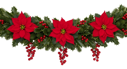 Christmas garland with poinsettia flower, holly, and red berries