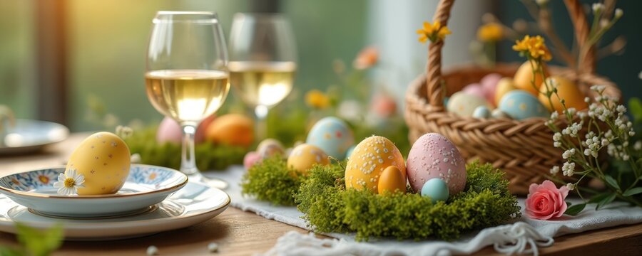 Easter feast table setting with colorful eggs wine glasses and flowers. Festive meal arrangement includes basket with painted eggs. Spring celebration dinner with natural decor.