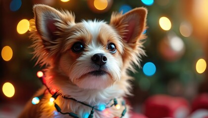 Small dog wears colorful christmas lights for festive holiday celebration. Cute pet sits near decorated tree, happy winter season portrait. Enjoying xmas cheer.