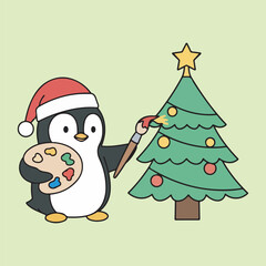 Cute Christmas penguin painting tree with brush and color vector art