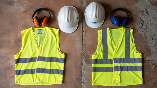 Construction safety gear including vests helmets and earmuffs arranged on a textured surface