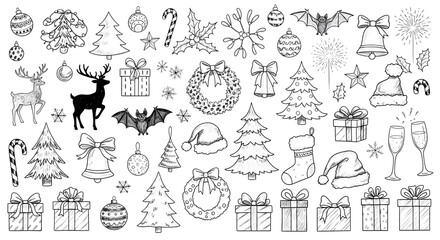 A collection of handdrawn christmas elements in black and white, including a reindeer, snowflakes, trees, gifts, and santa hats, isolated on a transparent background
