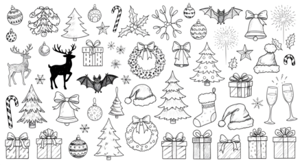 A collection of handdrawn christmas elements in black and white, including a reindeer, snowflakes, trees, gifts, and santa hats, isolated on a transparent background