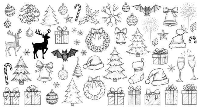 A collection of handdrawn christmas elements in black and white, including a reindeer, snowflakes, trees, gifts, and santa hats, isolated on a transparent background