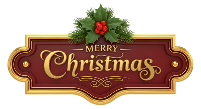 Merry christmas sign with holly and berries