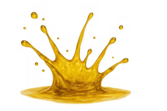 Golden liquid splashing, creating fluid crown shape with flying drops, rich metallic paint burst, transparent background