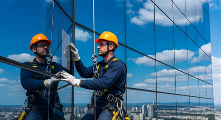 Industrial climbers in safety gear washing the glass windows of a modern skyscraper facade