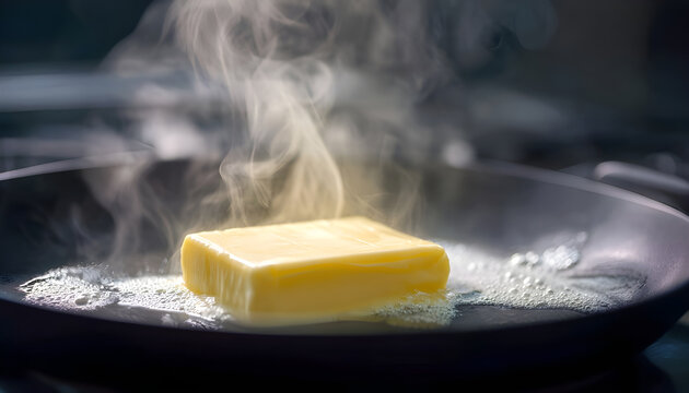 A pat of butter melting in a hot frying pan, steam rising around it.