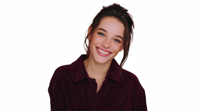 Smiling young woman with a maroon shirt portrait on a white background perfect for lifestyle and fashion content