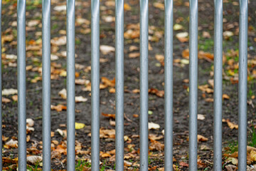 Metal rod fence section in front of ground leaves and soil