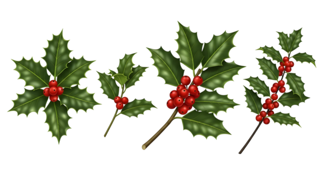 Collection of holly branches with red berries and green leaves