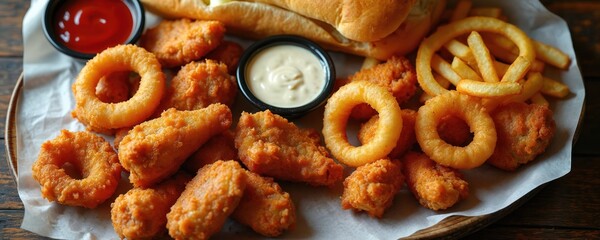 Crispy fried appetizers including chicken wings mozzarella sticks and onion rings served with ketchup and dip. Perfect for pub food menu or fast food restaurant. Enjoy a tasty snack platter.