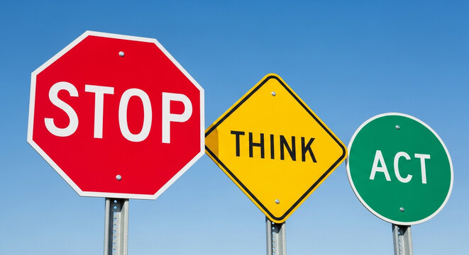 A close up of three signs stop think and act against a clear blue sky background outdoors in daylight