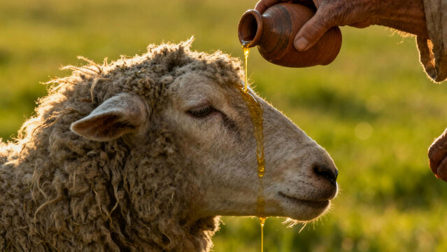 Spiritual Blessing of Anointed: The tender scene of a sheep receiving a ceremonial anointing, as a hand gently pours oil, symbolizing peace and blessings
