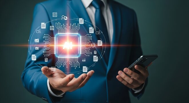 A businessman in a blue suit holds a smartphone, surrounded by digital technology and data visualization elements.