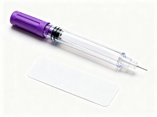 Caneta injetora médica transparente com tampa roxa, rótulo branco destacado sem texto, fundo branco limpo e visual moderno, imagem com alta nitidez e detalhes.